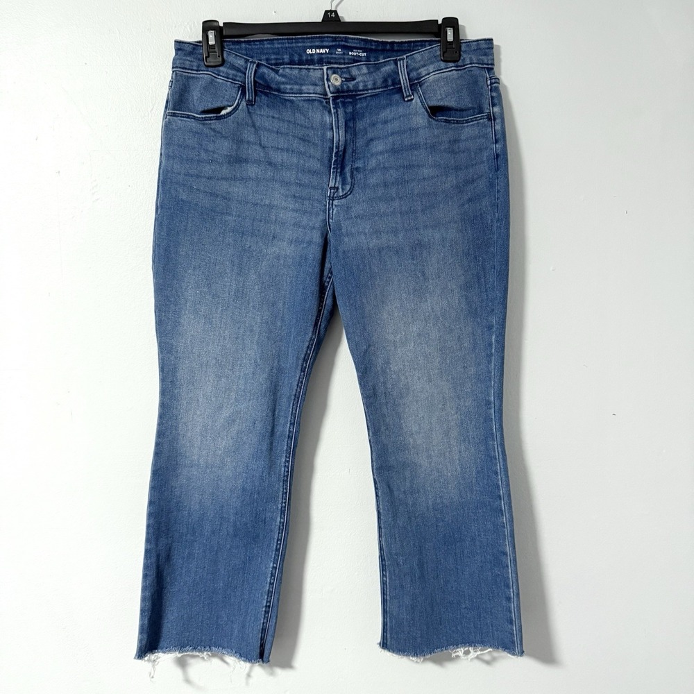 Old Navy Mid Rise Boot Cut Short Cropped Raw Hem Jeans Medium Wash 14 Short